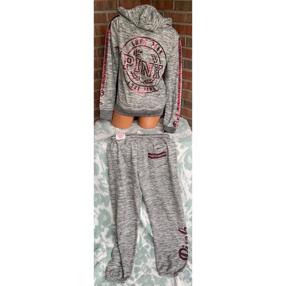 Victoria's Secret Pants - Victorias Secret PINK Zip Hoodie & Campus Pant Sequin Bling sz M/S Marled Gray